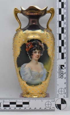 Mrkd. Prov Saxe 7" portrait vase, woman w/ flowers in hair, turquoise beading - 9