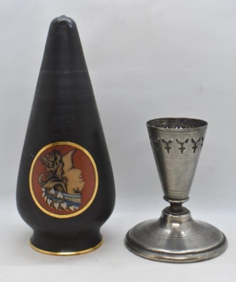 Black porcelain 10.5" cone-shaped double portrait vase in decorated silver pedestal base - 8