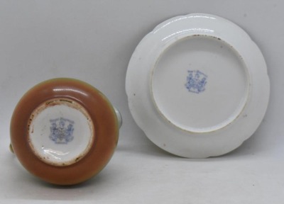 Royal Bayreuth souvenir 3.5"h creamer and 4.25"d underplate, Highland Sheep, blue mark - 8