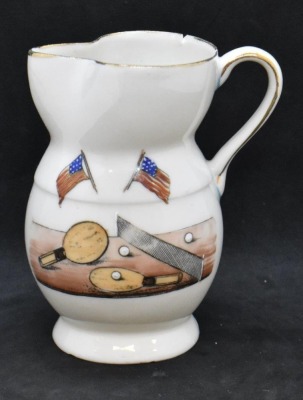 Royal Bayreuth 4"h creamer, table tennis pcs. and American flags motif, blue mark - 2