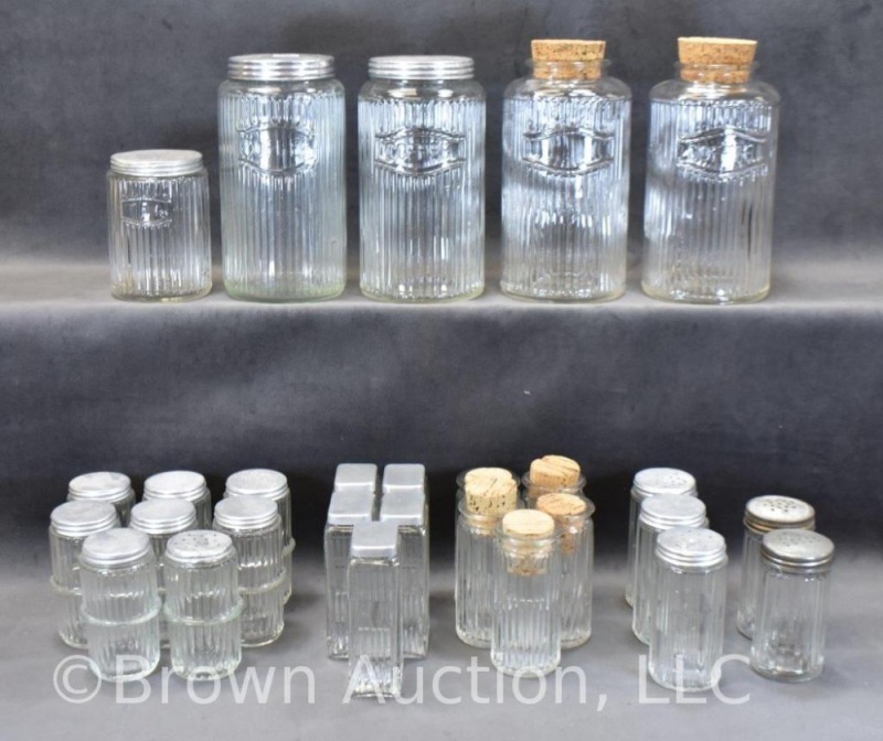 (28) Hoosier cabinet clear ribbed canister jars, all sizes