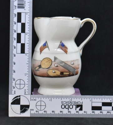 Royal Bayreuth 4"h creamer, table tennis pcs. and American flags motif, blue mark - 8