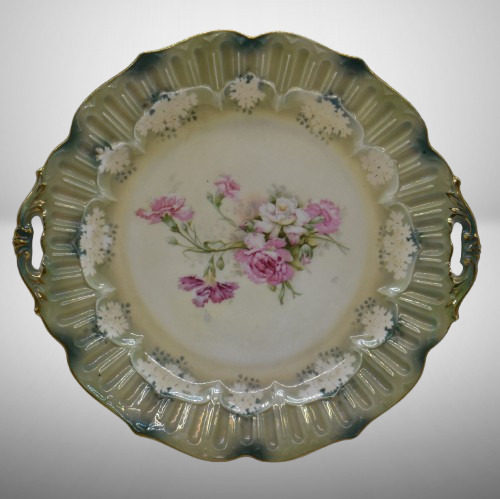 R.S. Prussia 11.5"d cake plate decorated with pink and white flowers, red mark