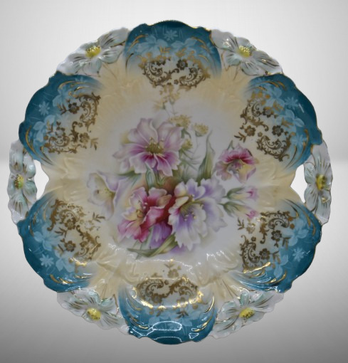 R.S. Prussia Lily Mold 10.5"d cake plate, floral design, circle mold mark