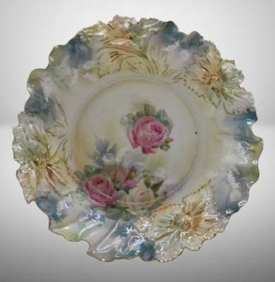 R.S. Prussia 9.5"d bowl, pink and white roses, red mark