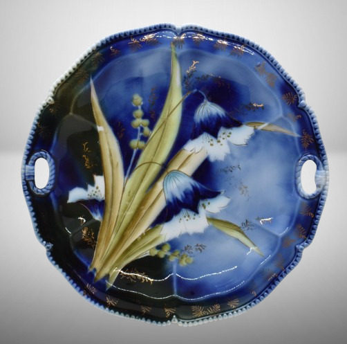 R.S. Prussia Mold 300 10.5"d cobalt cake plate, stylized tulips