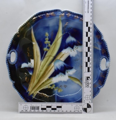 R.S. Prussia Mold 300 10.5"d cobalt cake plate, stylized tulips - 6