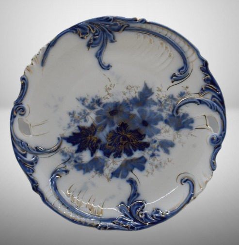 R.S. Steeple Mold 11 9.5"d cobalt cake plate, blue floral design, Steeple Mark 3