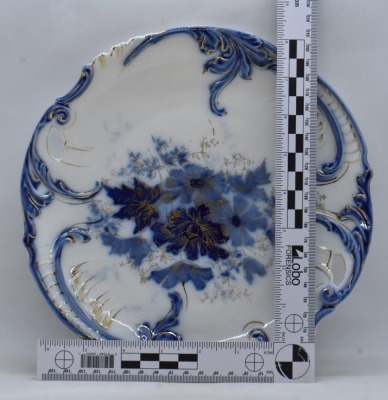 R.S. Steeple Mold 11 9.5"d cobalt cake plate, blue floral design, Steeple Mark 3 - 6