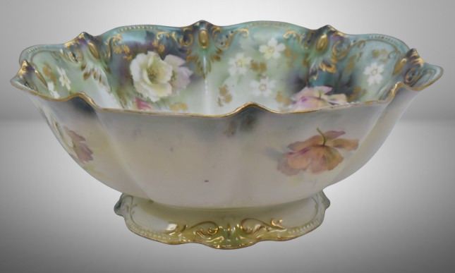 R.S. Prussia 10.5"d pedestal bowl, floral designs on border, red mark