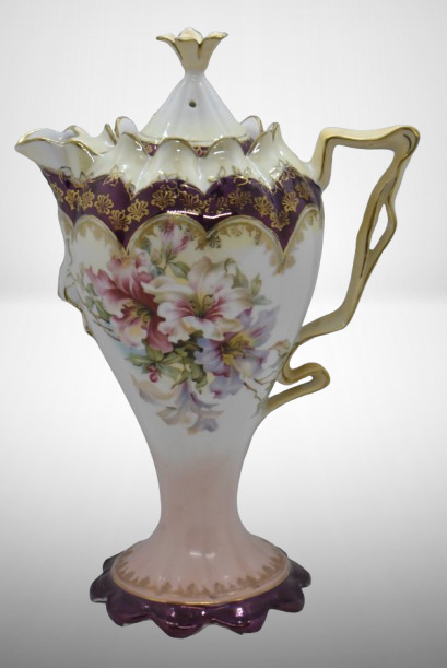 Mrkd. R.S. Germany 10"h chocolate pot (R.S. Steeple Mold 12), mixed flowers, RS Steeple Mark 5