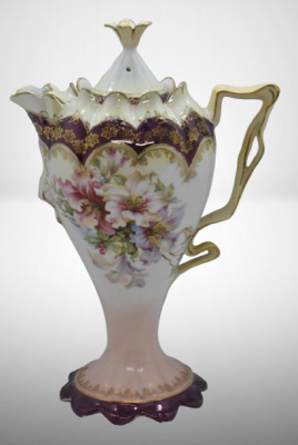 Mrkd. R.S. Germany 10"h chocolate pot (R.S. Steeple Mold 12), mixed flowers, RS Steeple Mark 5