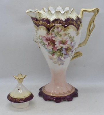 Mrkd. R.S. Germany 10"h chocolate pot (R.S. Steeple Mold 12), mixed flowers, RS Steeple Mark 5 - 5