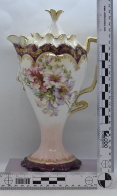 Mrkd. R.S. Germany 10"h chocolate pot (R.S. Steeple Mold 12), mixed flowers, RS Steeple Mark 5 - 10