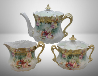 R.S. Prussia Mold 514 3 pc. tea set, mixed florals