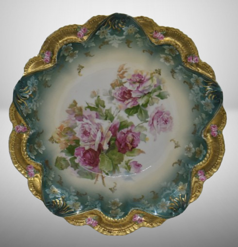 R.S. Prussia Mold 329 11"d bowl, pink roses, heavy gold border finish, red mark