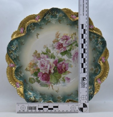 R.S. Prussia Mold 329 11"d bowl, pink roses, heavy gold border finish, red mark - 6