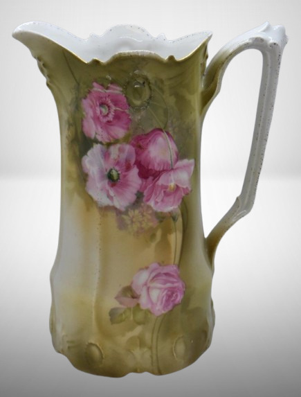 Mrkd. R.S. Germany (RSP Ribbon and Jewel Mold) 9.5"h pitcher, pink poppies