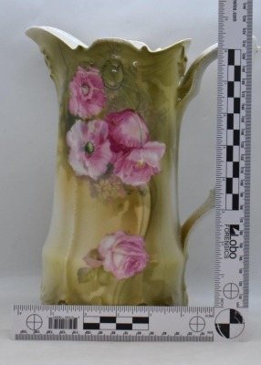 Mrkd. R.S. Germany (RSP Ribbon and Jewel Mold) 9.5"h pitcher, pink poppies - 8