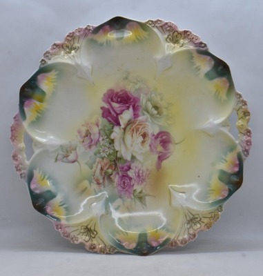 (2) R.S. Prussia Mold 82 11"d cake plates, both have nice floral designs, circle mold marks + 1 w/ red mark - 2