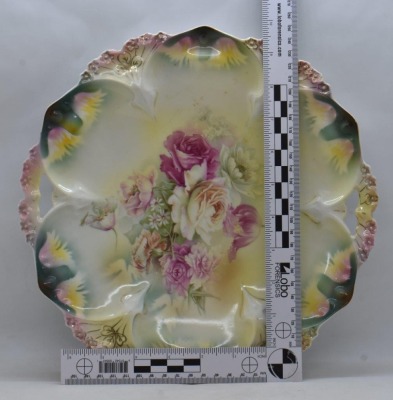 (2) R.S. Prussia Mold 82 11"d cake plates, both have nice floral designs, circle mold marks + 1 w/ red mark - 8