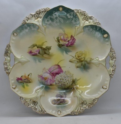 (2) R.S. Prussia Mold 82 11"d cake plates, both have nice floral designs, circle mold marks + 1 w/ red mark - 9