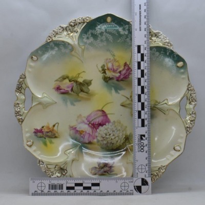 (2) R.S. Prussia Mold 82 11"d cake plates, both have nice floral designs, circle mold marks + 1 w/ red mark - 14