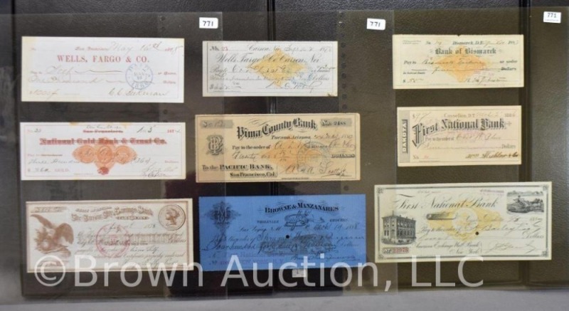 (9) Dated 1880's checks, Wells Fargo Co. + others
