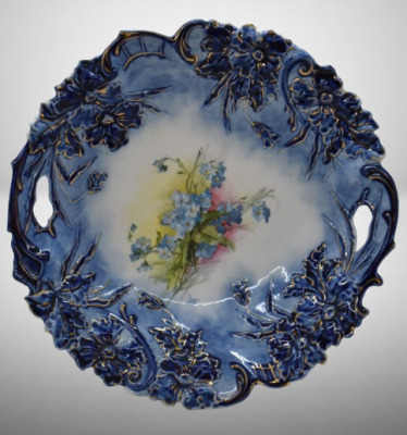 R.S. Steeple Mark 2 (Prussia in green) 11.5"d cobalt cake plate in Steeple Mold 4, small blue flowers