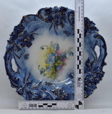 R.S. Steeple Mark 2 (Prussia in green) 11.5"d cobalt cake plate in Steeple Mold 4, small blue flowers - 7