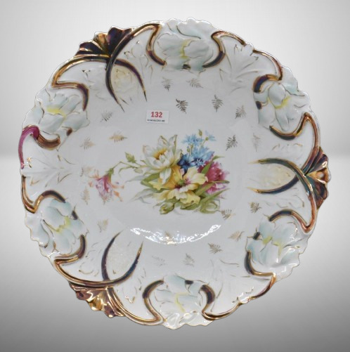 Mrkd. Germany Saxe Altenburg 11"d bowl, mixed flowers center/ irid. Tiffany finish detailing