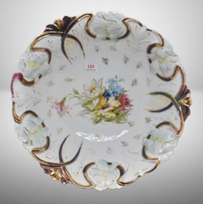 Mrkd. Germany Saxe Altenburg 11"d bowl, mixed flowers center/ irid. Tiffany finish detailing