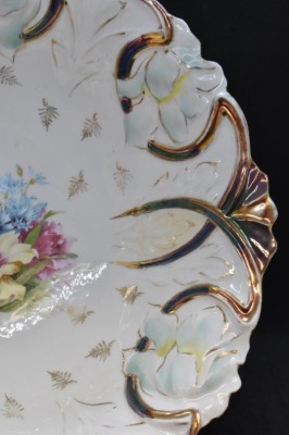 Mrkd. Germany Saxe Altenburg 11"d bowl, mixed flowers center/ irid. Tiffany finish detailing - 3