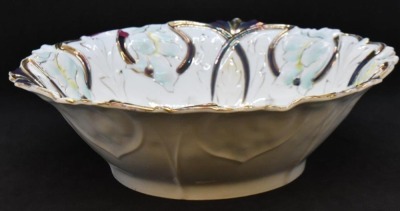 Mrkd. Germany Saxe Altenburg 11"d bowl, mixed flowers center/ irid. Tiffany finish detailing - 6