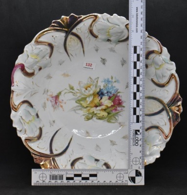 Mrkd. Germany Saxe Altenburg 11"d bowl, mixed flowers center/ irid. Tiffany finish detailing - 7