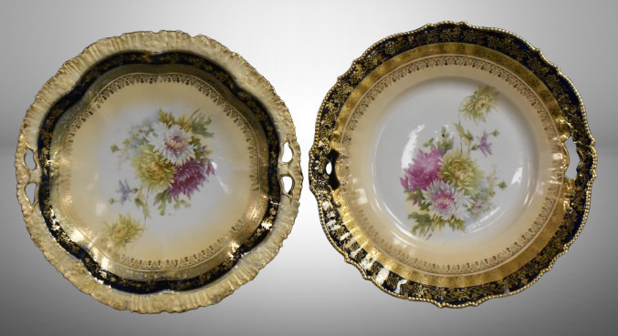 (2) R.S. Prussia 10.5"d cake plates, same chrysanthemums motif, similiar coloring and cobalt border trim