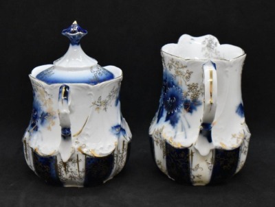 Handpainted porcelain 3 pc. cobalt dematisse tea set, lots of gold highlights - 11