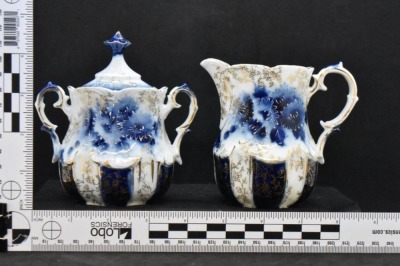 Handpainted porcelain 3 pc. cobalt dematisse tea set, lots of gold highlights - 17