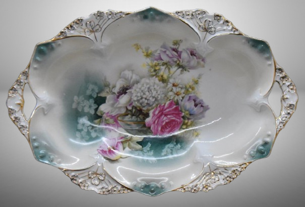 R.S. Prussia Mold 82 bun tray, 13" x 9", mixed florals in glass bowl, red mark