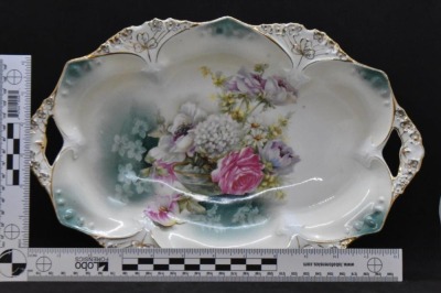 R.S. Prussia Mold 82 bun tray, 13" x 9", mixed florals in glass bowl, red mark - 7