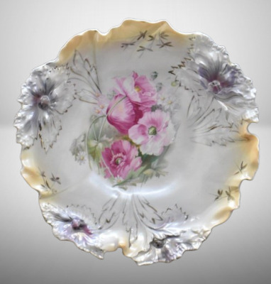 R.S. Prussia Carnation Mold 9"d bowl, pink poppies, red mark