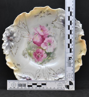 R.S. Prussia Carnation Mold 9"d bowl, pink poppies, red mark - 7