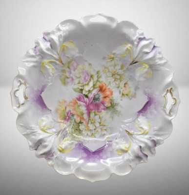 R.S. Prussia Iris Mold 11"d cake plate, mixed flowers, red mark