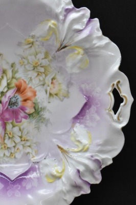 R.S. Prussia Iris Mold 11"d cake plate, mixed flowers, red mark - 3