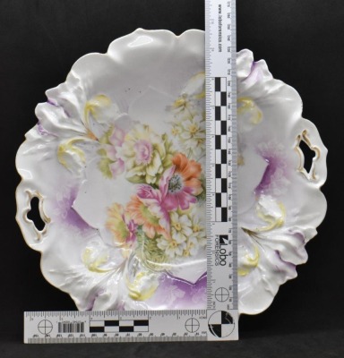 R.S. Prussia Iris Mold 11"d cake plate, mixed flowers, red mark - 6