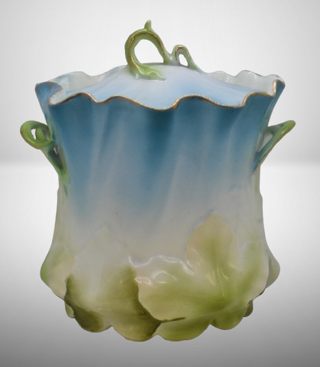 Handpainted porcelain 7" cracker jar, leaf-shaped mold