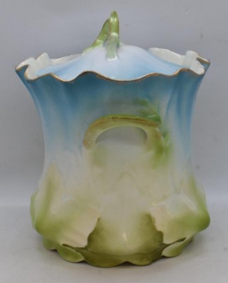 Handpainted porcelain 7" cracker jar, leaf-shaped mold - 2