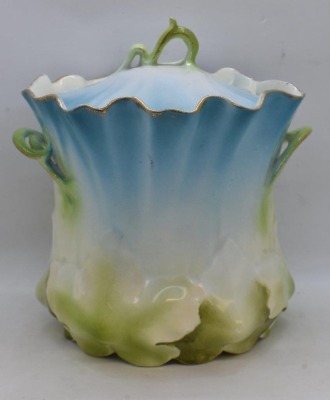 Handpainted porcelain 7" cracker jar, leaf-shaped mold - 3