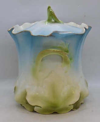 Handpainted porcelain 7" cracker jar, leaf-shaped mold - 4