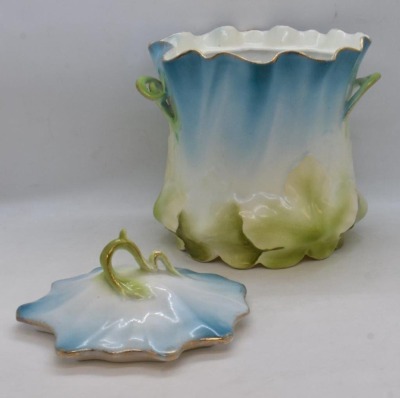 Handpainted porcelain 7" cracker jar, leaf-shaped mold - 5